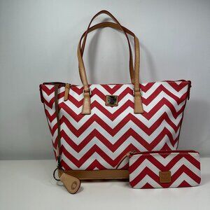 Dooney Bourke Red White Chevron Coated Vacchetta Leather Large Zip Tote Bag